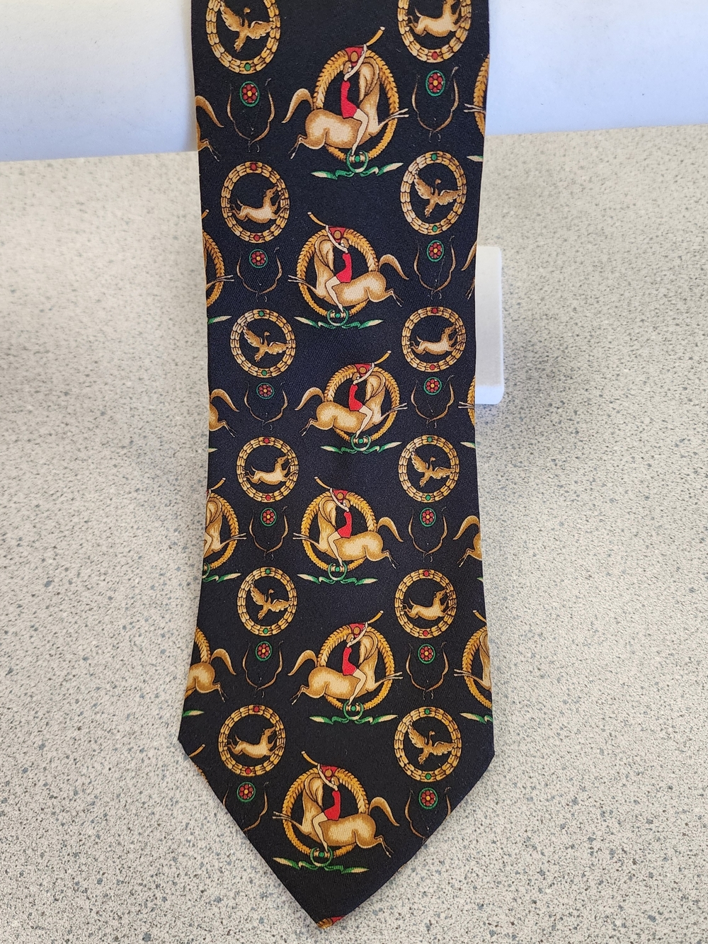 Salvatore Ferragamo Vintage Silk Tie Black Equestrian Horse Wreath Italy